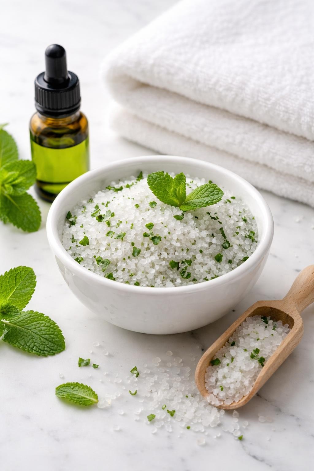 A realistic close-up photo of a small bowl filled with peppermint foot soak made from Epsom salt and mint leaves, placed on a clean white marble countertop. A small bottle of peppermint essential oil, a folded white towel, and a wooden scoop are arranged neatly around the bowl. Bright cool-toned natural light, crisp detail, realistic texture, clean minimal setup, strong focus on the foot soak ingredients and bowl, no people, no text, (no watermarks on images)