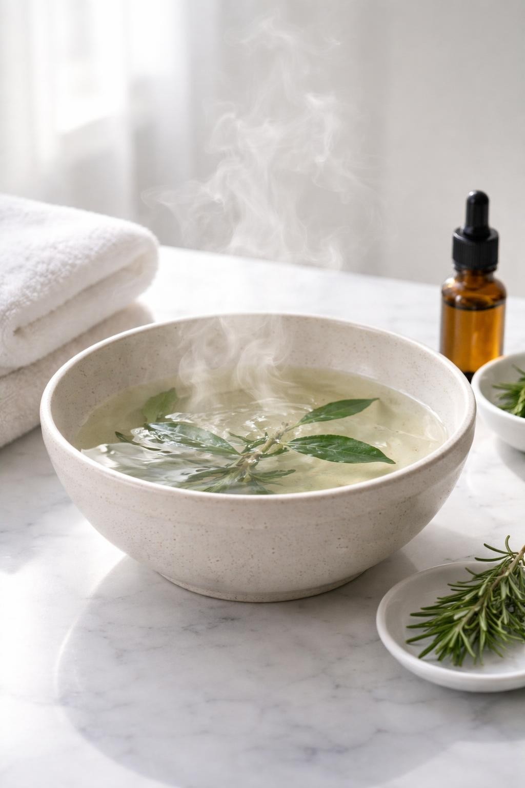 A realistic close-up photo of a ceramic bowl prepared for a tea tree facial steam with hot water and a few floating herb leaves, set on a clean white marble countertop table. A small bottle of tea tree essential oil, a folded towel, and a small dish are placed neatly around the bowl. Bright natural light, crisp detail, realistic texture, clean minimal setup, strong focus on the steam bowl and simple setup, no people, no text, (no watermarks on images)