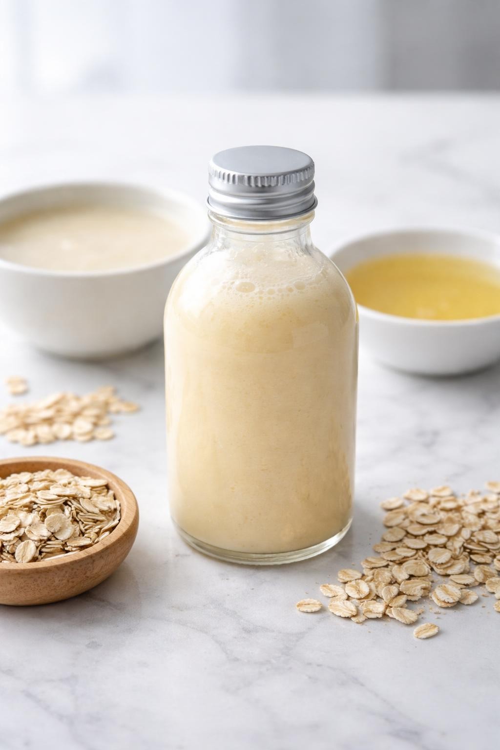 A realistic close-up photo of a small bottle filled with oat milk homemade shampoo on a clean white marble countertop. A small bowl of oat milk, a dish of liquid castile soap, and oats scattered neatly around the bottle are arranged in a clean minimal setup. Bright cool-toned natural light, crisp detail, realistic texture, strong focus on the creamy shampoo bottle, no people, no text, (no watermarks on images)