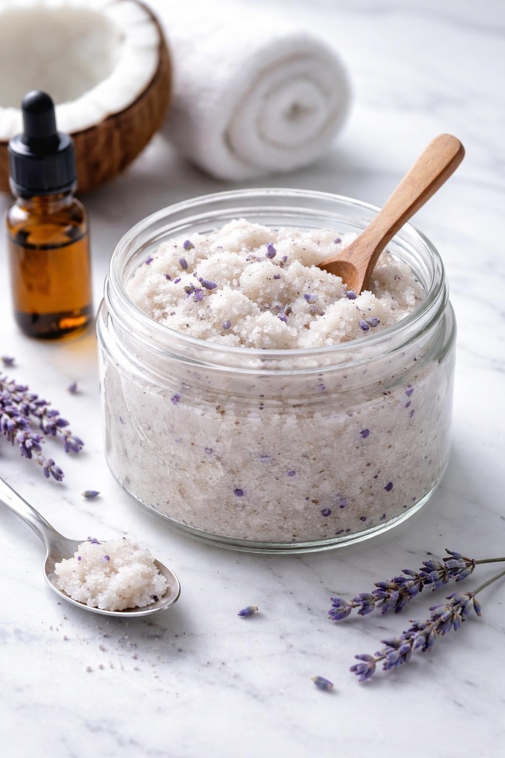 A realistic close-up photo of a glass jar filled with lavender coconut body scrub made with sugar and coconut oil, set on a clean white marble countertop. A small bottle of lavender essential oil, a spoon, and a few lavender buds are placed neatly around the jar. Bright cool-toned natural light, crisp detail, realistic texture, clean minimal setup, strong focus on the scrub texture and jar, no people, no text, (no watermarks on images)