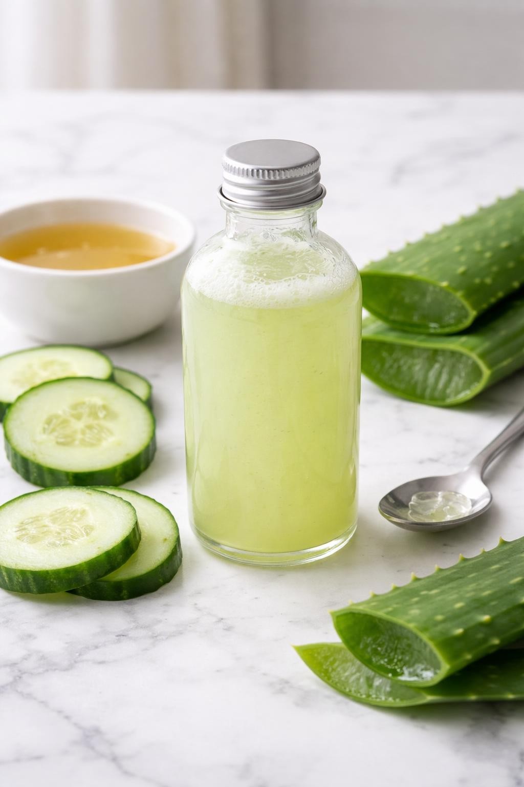A realistic close-up photo of a small bottle filled with pale green cucumber aloe homemade shampoo on a clean white marble countertop table. Cucumber slices, a cut aloe leaf, a bowl of liquid castile soap, and a spoon are placed neatly around the bottle. Bright natural light, crisp detail, realistic texture, clean minimal setup, strong focus on the shampoo bottle and fresh ingredients, no people, no text, (no watermarks on images)