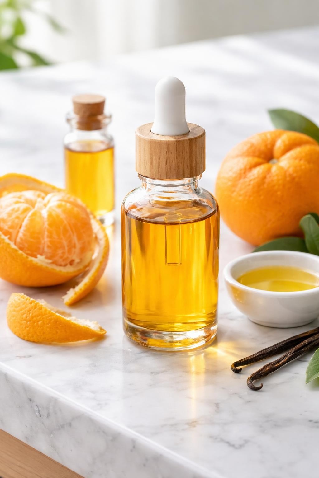 A realistic close-up photo of a small glass bottle of orange vanilla body oil with a golden tint, placed on a clean white marble countertop table. A peeled orange, a small bottle of orange essential oil, and a small dish of carrier oil are arranged neatly around the bottle. Bright natural light, crisp detail, realistic texture, clean minimal setup, strong focus on the body oil bottle and glossy texture, no people, no text, (no watermarks on images)