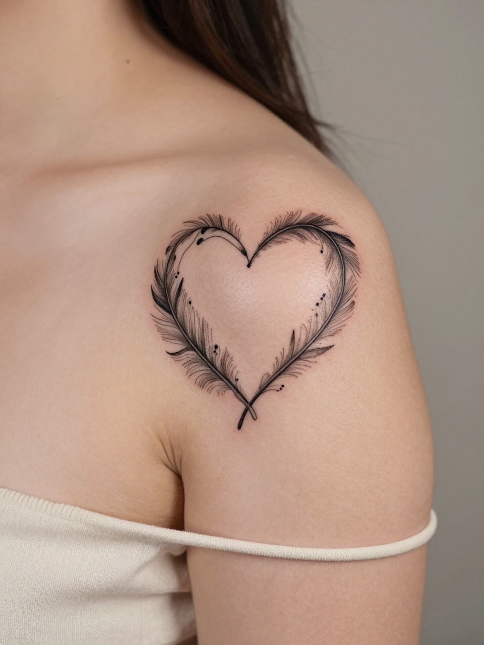  "macro shot of an ornamental heart with feather details boho flash tattoo on women's shoulder, black ink, fine line heart, soft decorative curves, delicate feather accents, realistic skin texture, off-shoulder top visible, tight crop, design-first tattoo image, soft neutral background, tattoo inspiration image (no watermarks on images)"