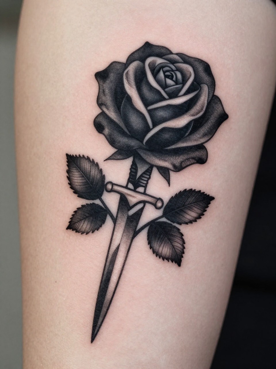  "macro shot of a black rose and dagger tattoo on skin, deep black rose bloom pierced by a slim dagger, clean bold linework, soft shading, realistic skin texture, design-first composition, soft neutral background, modern tattoo inspiration image (no watermarks on images)"
