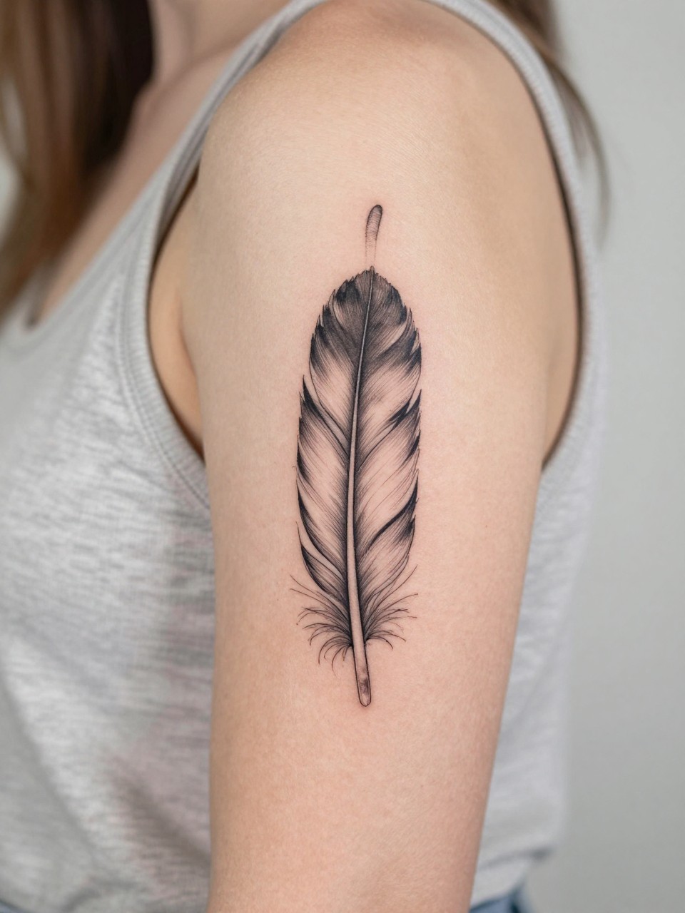 close-up of a hanging feather tattoo on women's upper arm, black ink, delicate fine line feather detail, clean earthy boho hippie style, realistic skin texture, sleeveless blouse visible, design-focused close-up, blurred neutral background, modern tattoo photography (no watermarks on images)