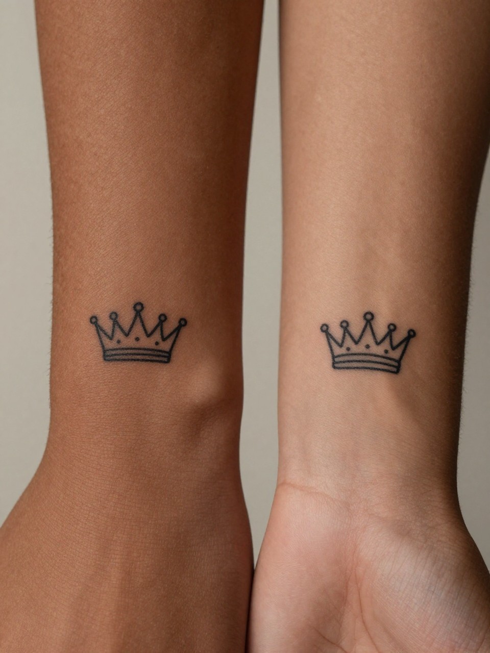 "macro shot of matching tiny crown tattoos on deep brown skin, one on each person's upper wrist, crisp black ink, clean fine line detail, small elegant shape, realistic skin texture, tight crop, design-first composition, soft neutral background, tattoo inspiration image (no watermarks on images)"
