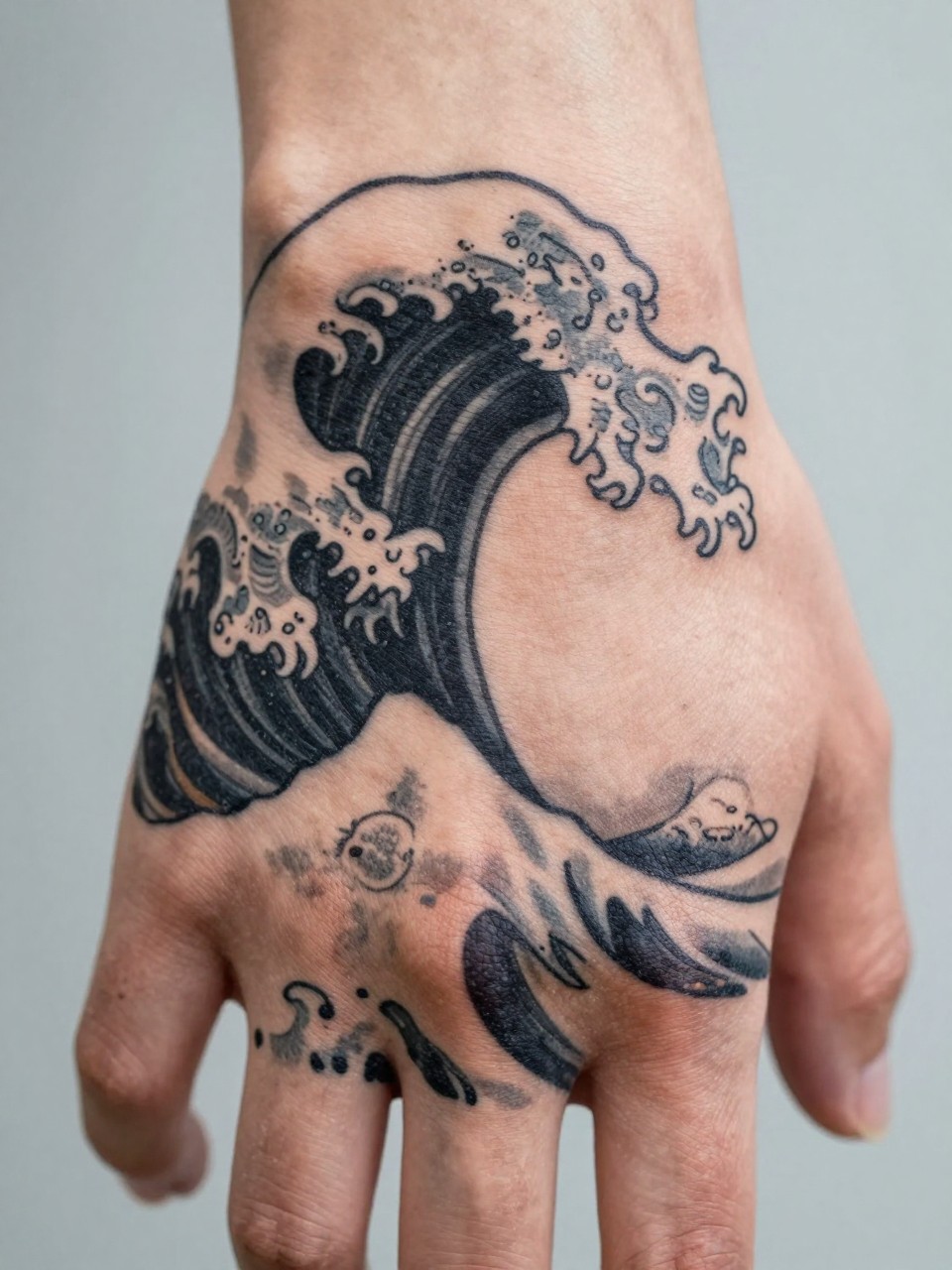 extreme close-up of a clean Japanese wave tattoo on the back of the hand, bold curling wave, black and grey ink, crisp traditional linework, soft shading, realistic skin texture, minimal soft background, design-focused tattoo inspiration photography (no watermarks on images)