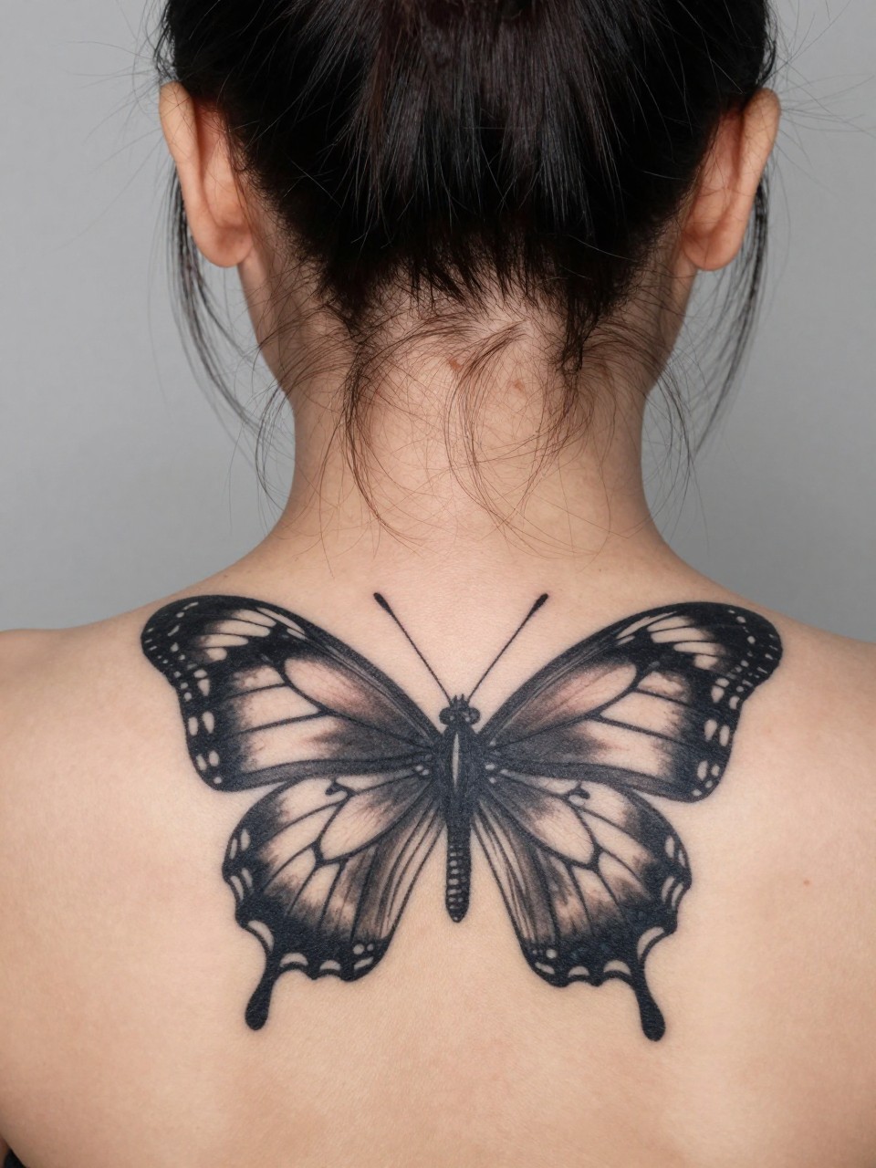 "Close-up of the top spine/hairline: a large, detailed butterfly tattoo  with its wings spread, peeking from beneath the roots of a sleek ponytail. Bold and secretive."