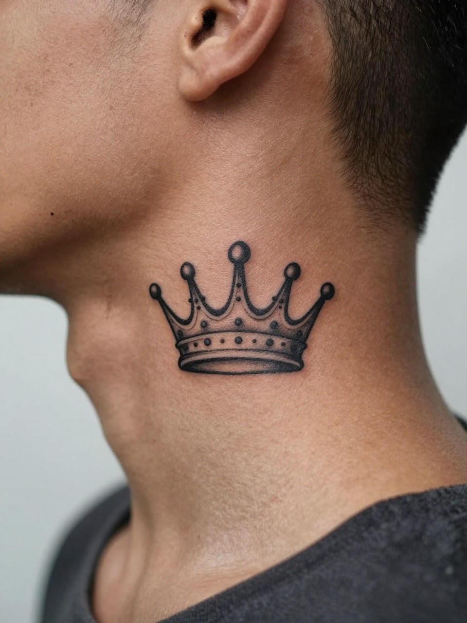  "design-focused close-up of a crown tattoo on dark skin at the side neck, clean black ink, sharp fine line detail, small to medium size, masculine and polished look, realistic skin texture, fade haircut visible, tight crop, soft blurred background, modern tattoo inspiration photo (no watermarks on images)"