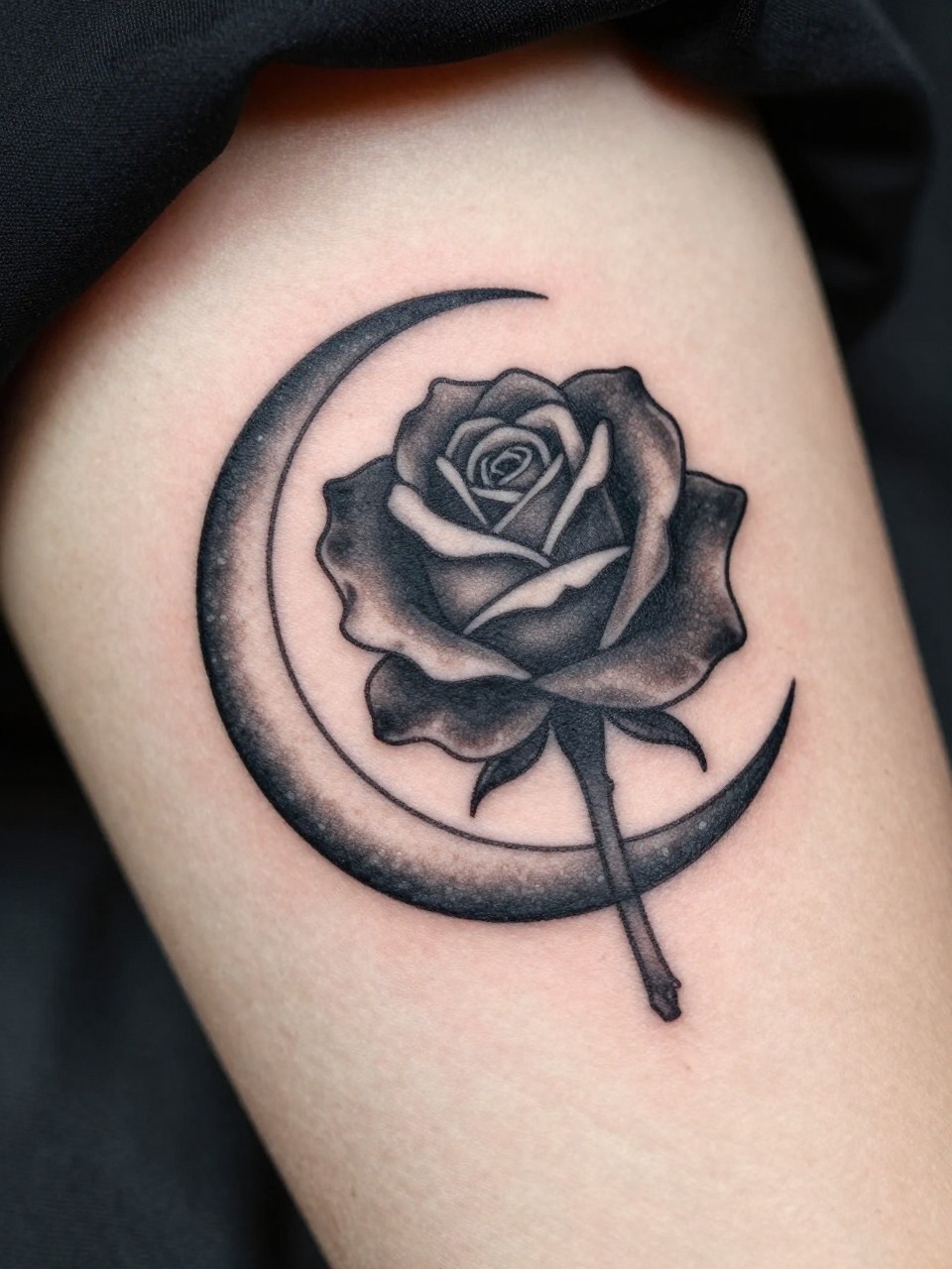 "extreme close-up of a black rose and crescent moon tattoo on skin, deep black petals, soft grey moon detail, fine line composition, realistic skin texture, silk fabric nearby, design-focused close-up, minimal soft background, modern tattoo inspiration photography (no watermarks on images)"