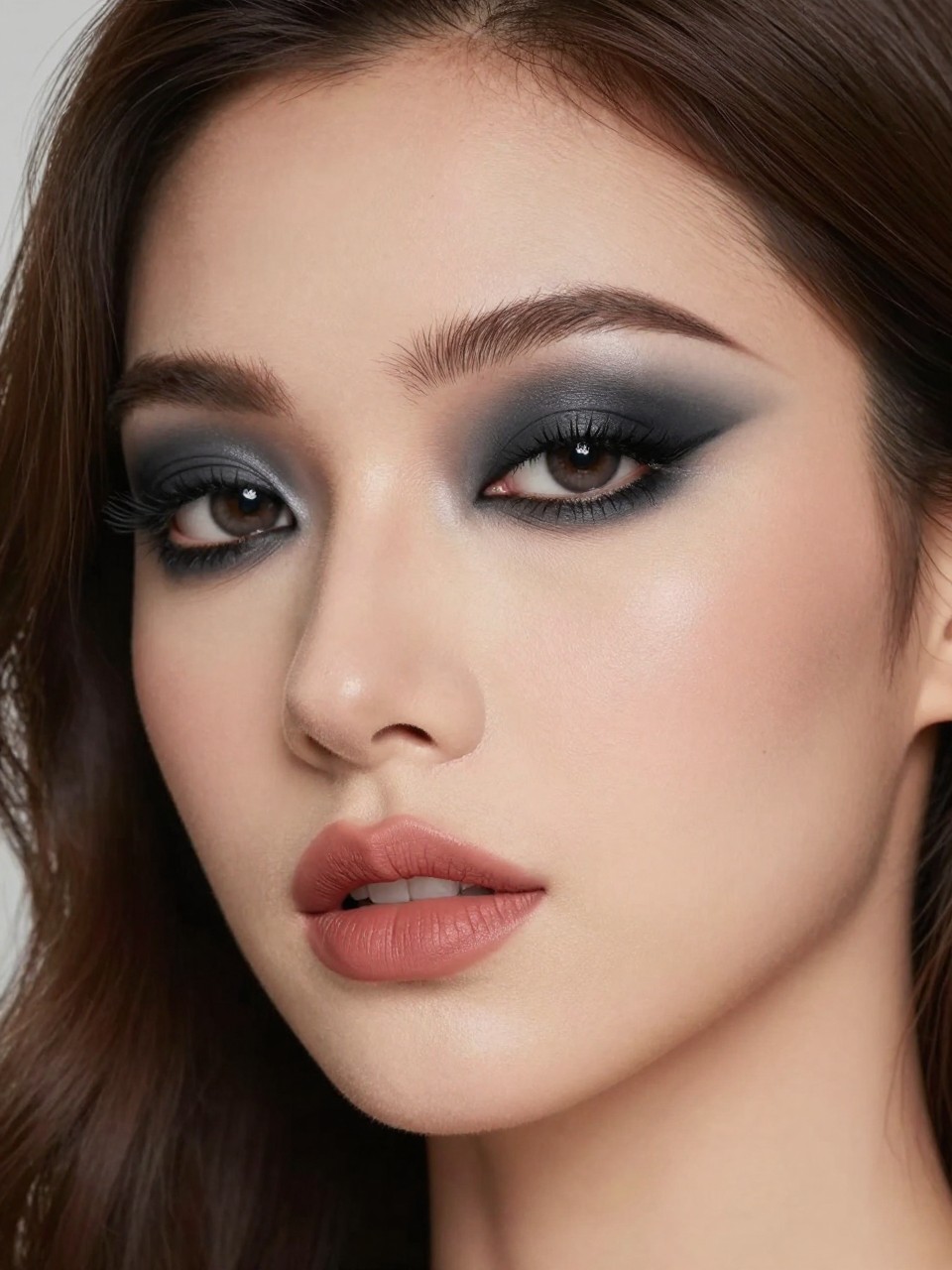 Super realistic close-up beauty portrait of a woman wearing matte charcoal pirate smoky eyes with blurred slate-gray edges, black kohl liner, soft matte skin, dusty rose matte lips, and bold lashes, shot from a three-quarter view, with diffused beauty studio lighting that clearly reveals the makeup texture and color, realistic skin texture, softly styled hair, minimal background, feminine modern beauty photography, latest iPhone photo quality.