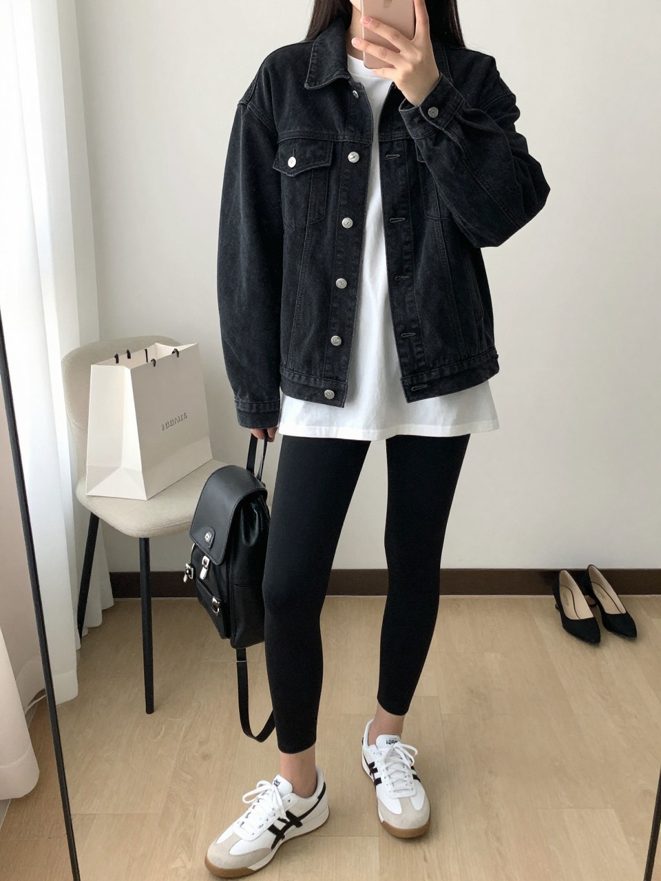 mirror selfie of a woman wearing the exact outfit described above, clearly showing a relaxed straight-fit black denim jean jacket, white oversized soft cotton tee, black high-waisted leggings, white retro sneakers, and a black mini backpack, holding a phone in front of a mirror, cropped at NECK so the face does not show, with a relaxed casual selfie pose, in a minimal dressing room, natural window light, including shopping bags beside a chair and a pair of heels on the floor nearby, latest iPhone photo quality.
