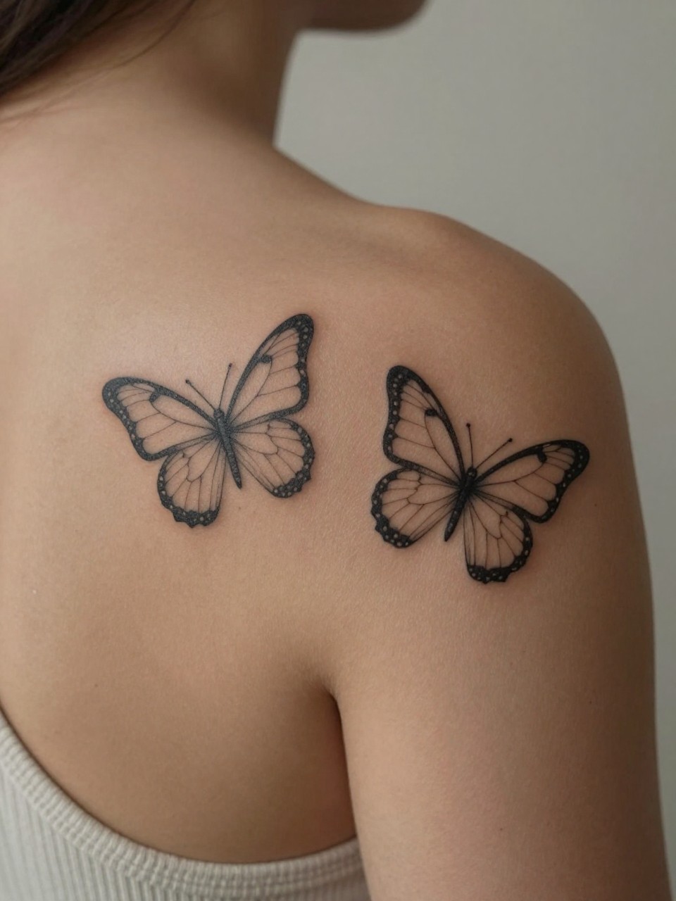 "close-up of matching butterfly outline tattoos on deep brown skin, one on each shoulder, clean black ink, fine line wing details, delicate minimalist style, realistic skin texture, soft fabric straps visible, design-focused close-up, neutral blurred background, modern tattoo photography (no watermarks on images)"