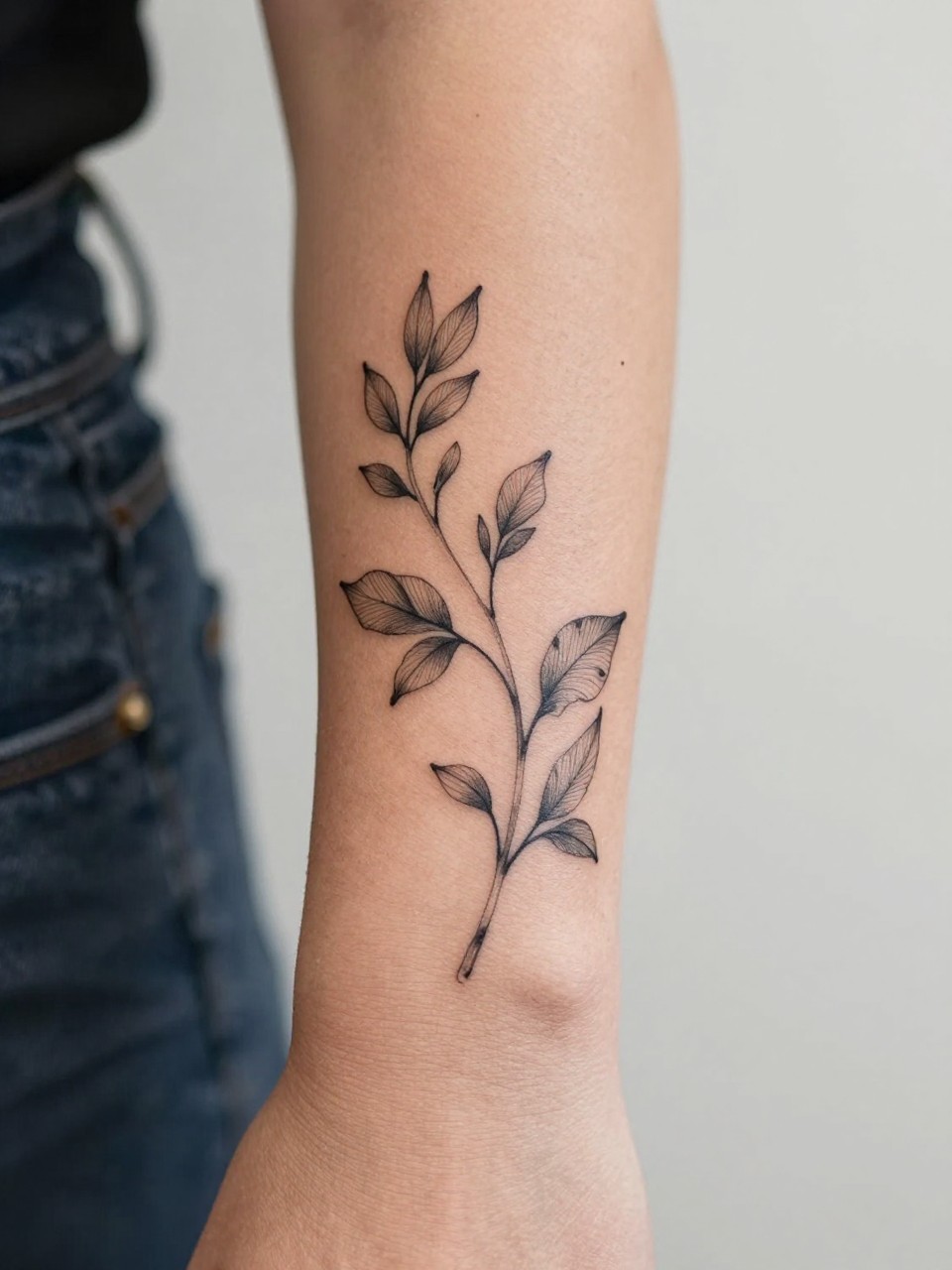 design-focused close-up of a botanical vine tattoo on women's wrist, black ink, fine line leaves in a flowing shape, clean earthy boho hippie style, realistic skin texture, bracelet nearby, minimal blurred background, modern tattoo inspiration photo (no watermarks on images)