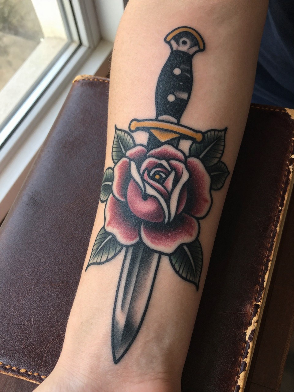 Image Prompt: "Extreme close-up of a bold traditional dagger tattoo piercing a dark rose on the outer forearm. Heavy black shading and clean lines. The arm is resting on a worn leather journal. Soft morning light from a window, warm vintage filter."