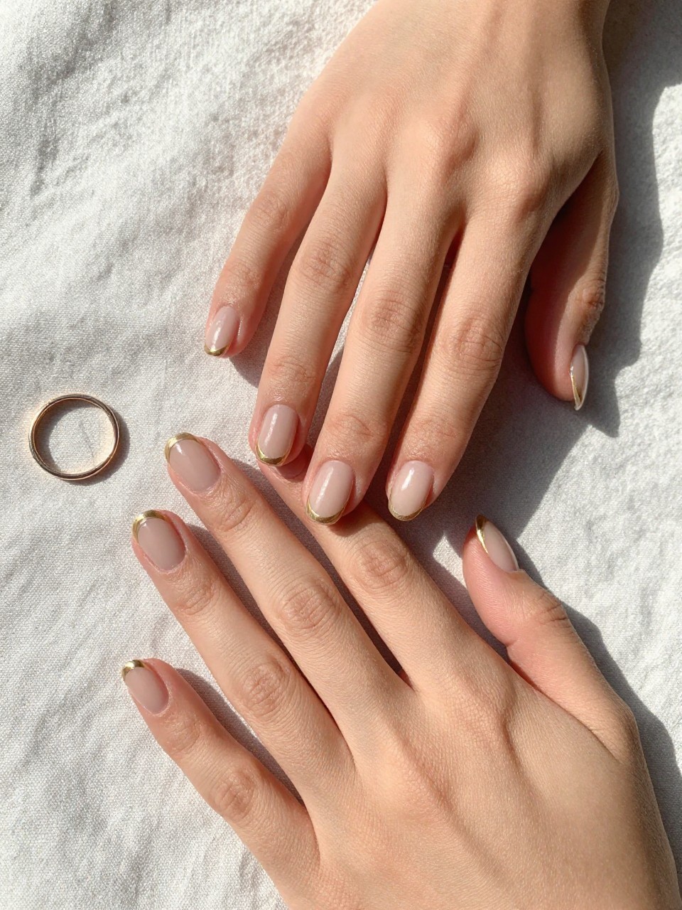 90-degree overhead top-down view of two feminine hands with oval medium nails.
The manicure features a sheer nude base with thin metallic gold cuticle lines on each nail.
Include refined reflective details with a glossy gel finish.

Hands are posed one hand resting lightly over the other.

Scene set on a soft linen cloth with a small ring nearby.

Bright natural daylight with soft shadows, hyper-realistic lifestyle photography, sharp focus on nails, natural skin texture, realistic hands, no extra fingers.