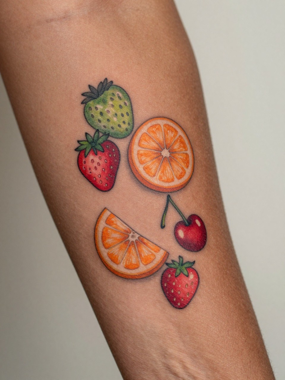 macro shot of a mixed fruit tattoo on deep brown skin at the forearm, small strawberries cherries and citrus slices in bright red orange and green, clean outlines, soft shading, realistic skin texture, gold ring visible, tight crop, design-first composition, soft neutral background, tattoo inspiration image (no watermarks on images)