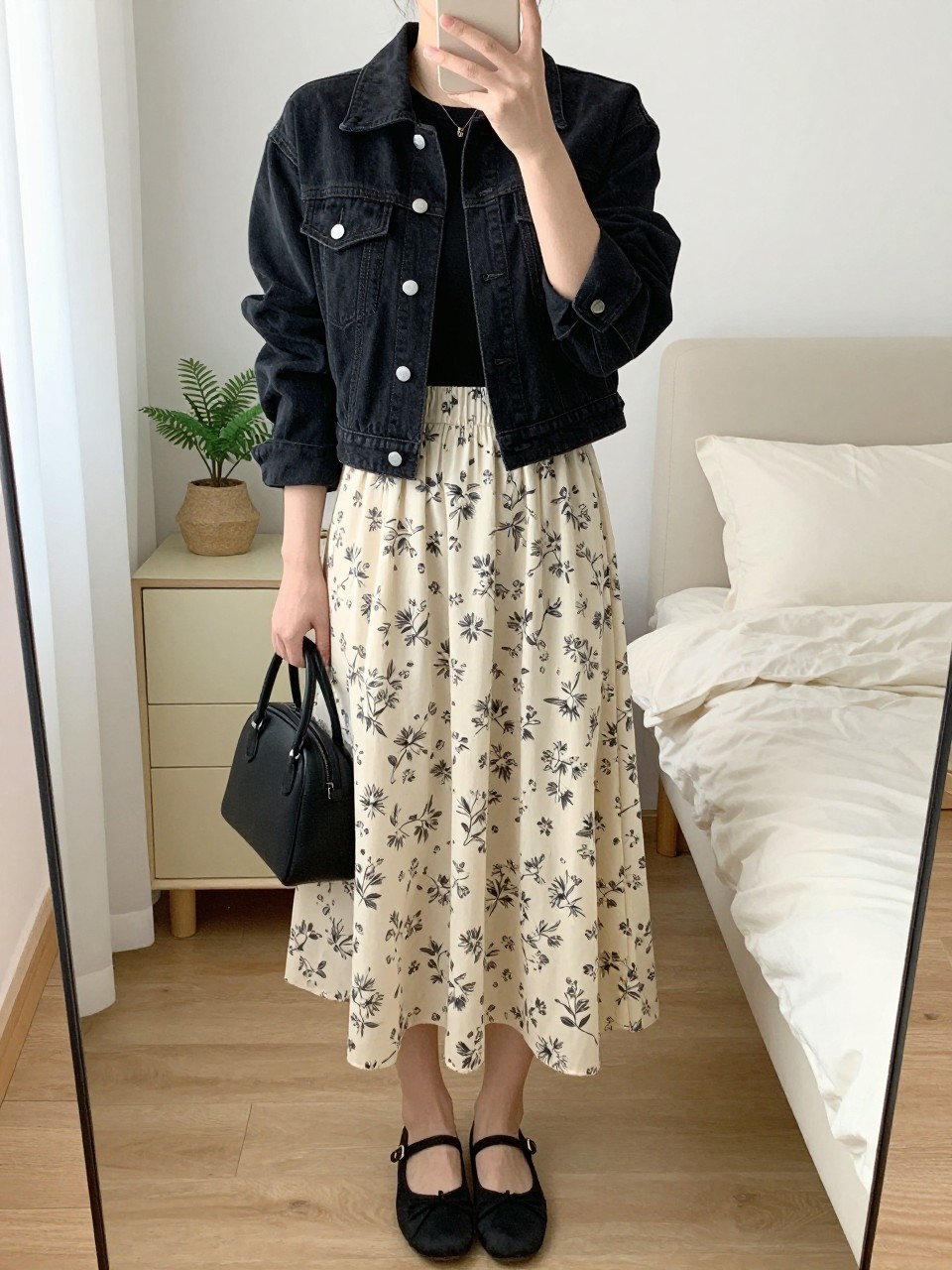 mirror selfie of a woman wearing the exact outfit described above, clearly showing a neat cropped-fit black denim jean jacket, black fitted short-sleeve tee, cream floral midi skirt with a flowy shape, black ballet flats, and a small black top-handle bag, holding a phone in front of a mirror, cropped at NECK so the face does not show, with a relaxed casual selfie pose, in a feminine-themed bedroom, natural window light, including a small plant on a dresser and soft pillows on an unmade bed, latest iPhone photo quality.