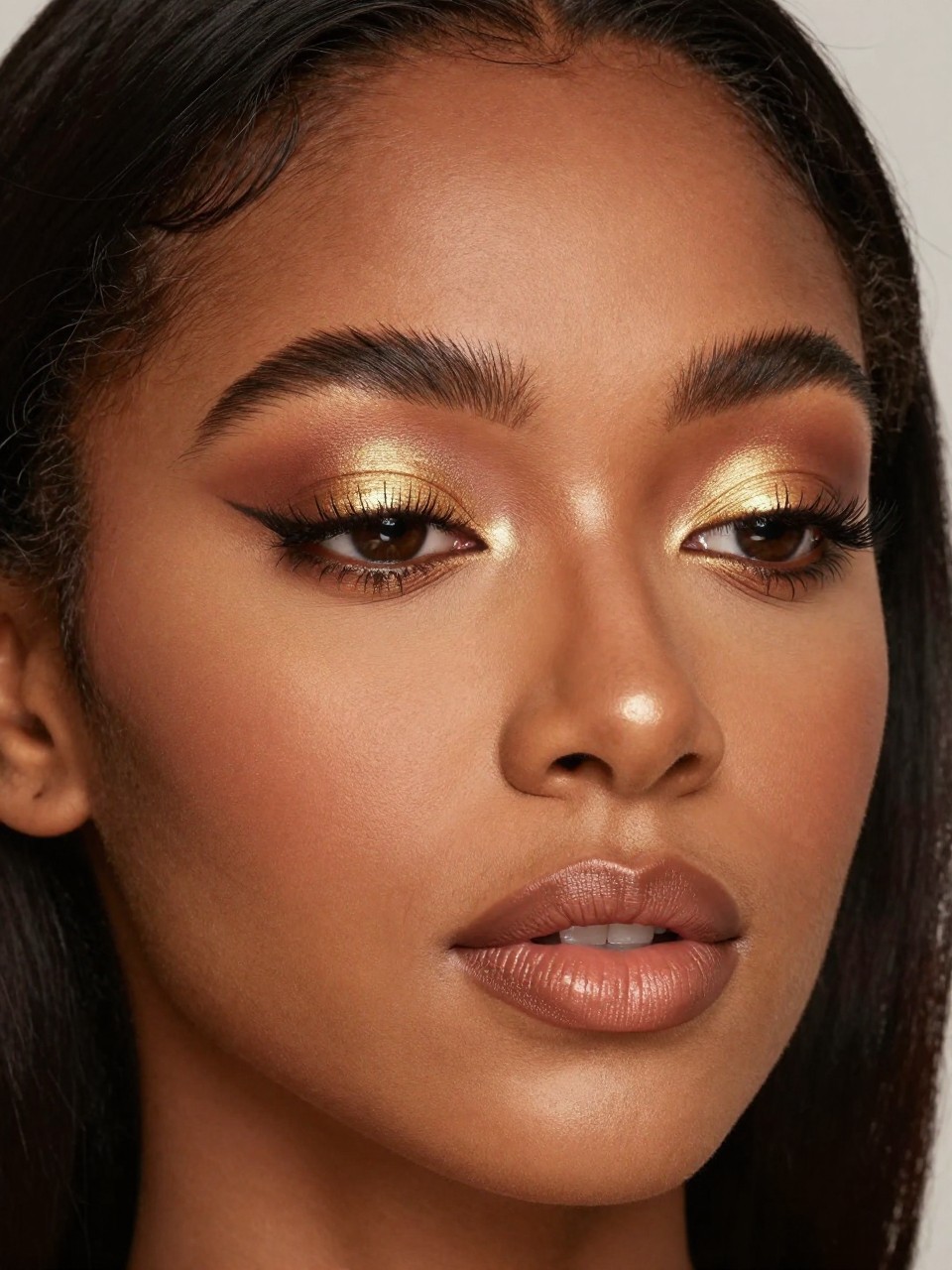 Super realistic close-up beauty portrait of a black woman wearing gold foil eyeshadow with warm brown definition, wispy lashes, softly bronzed skin, warm nude satin lips, and groomed brows, shot from a three-quarter view, with diffused beauty studio lighting that clearly reveals the makeup texture and color, realistic skin texture, softly styled hair, minimal background, feminine modern beauty photography, latest iPhone photo quality.