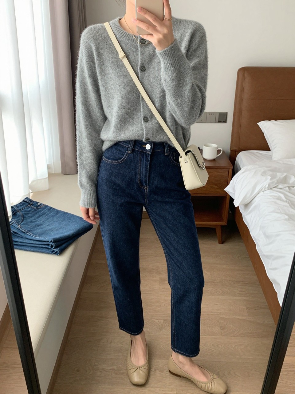 mirror selfie of a woman wearing the exact outfit described above, clearly showing a soft gray fine knit cardigan, dark blue high-waisted denim jeans, beige leather ballet flats, a cream crossbody bag, and a fine gold chain necklace, holding a phone in front of a mirror, cropped at NECK so the face does not show, with a relaxed casual selfie pose, in a cozy bedroom mirror setup, natural window light, including coffee mug on a bedside table and folded denim jeans on a bench, latest iPhone photo quality. (no watermarks on images)