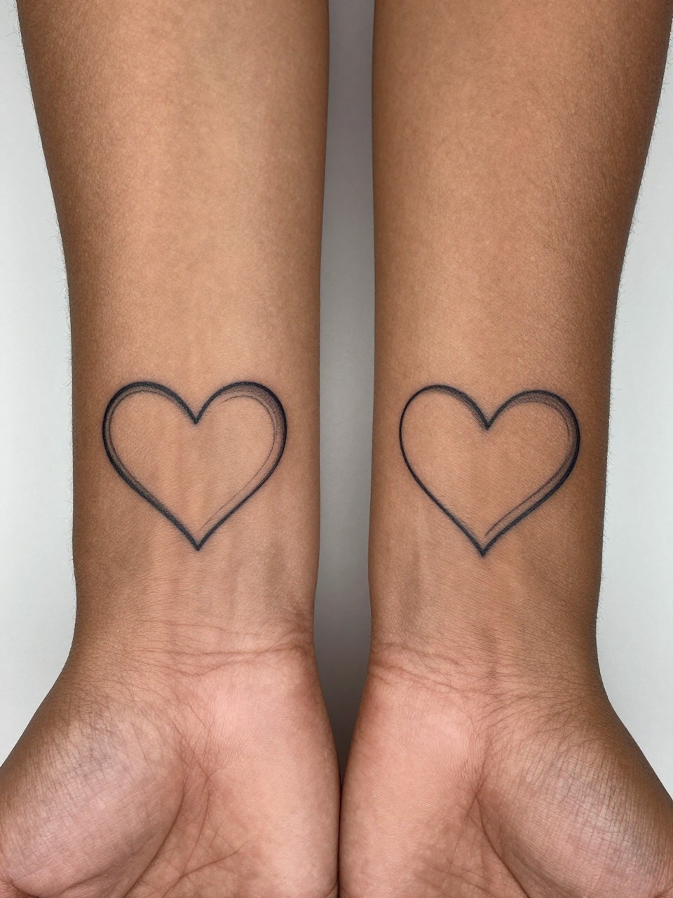 "extreme close-up of matching split heart tattoos on dark skin, half-heart tattoo on each person's wrist aligned side by side, crisp black ink, fine line style, realistic skin texture, minimal jewelry, soft minimal background, design-focused tattoo inspiration photography (no watermarks on images)"