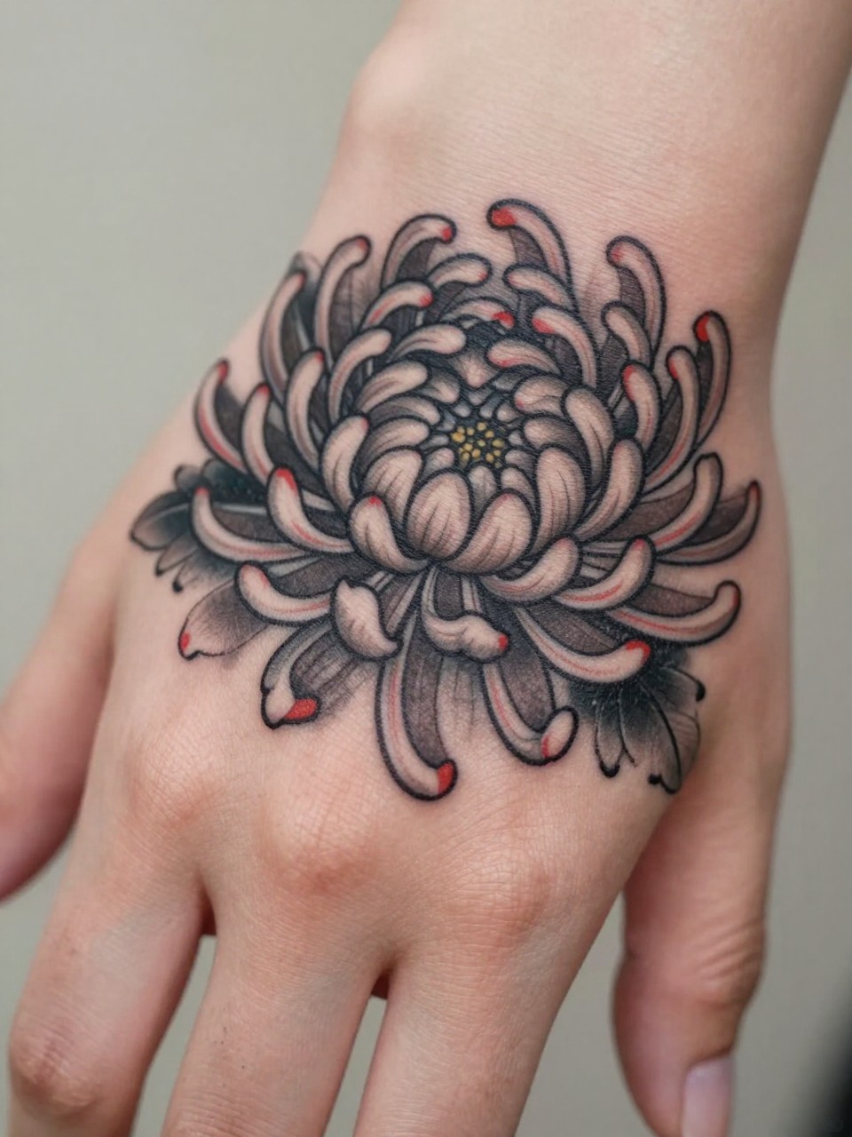 macro shot of a Japanese flower tattoo on the back of the hand, layered chrysanthemum petals, black and grey ink with subtle red accents, crisp traditional linework, soft shading, realistic skin texture, design-first tattoo image, soft neutral background, tattoo inspiration image (no watermarks on images)