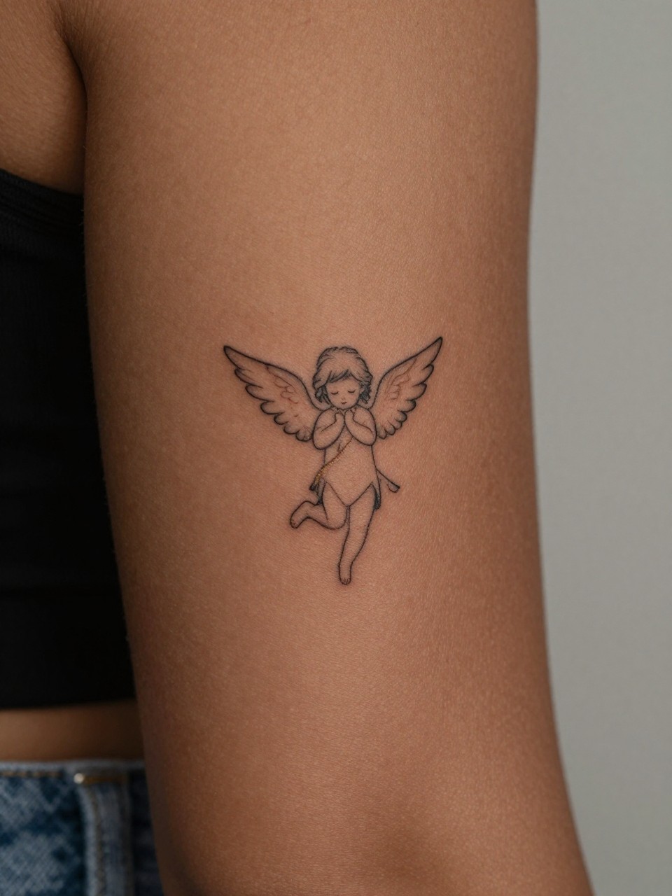 

























"close-up of a small angel number tattoo on deep brown skin at the upper arm, crisp black ink numbers, fine line minimalist style, realistic skin texture, gold chain detail slightly visible, tight crop, soft blurred background, feminine modern tattoo inspiration photo (no watermarks on images)"