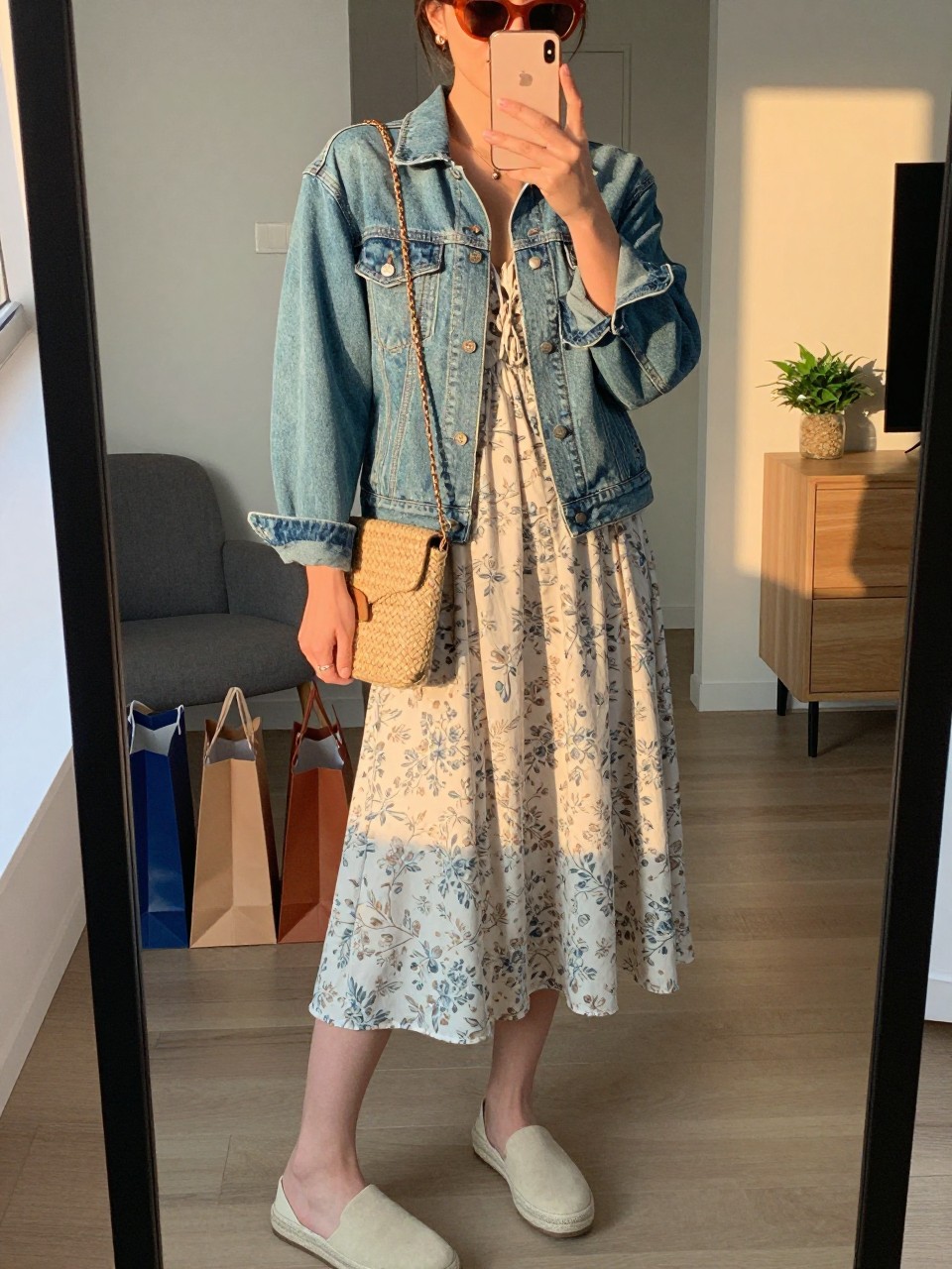 mirror selfie of a woman wearing the exact outfit described above, clearly showing a light-wash denim jacket, a soft floral midi print dress, beige canvas espadrilles, a woven straw-texture crossbody bag, and warm brown-frame sunglasses, holding a phone in front of a mirror, cropped at NECK so the face does not show, with a relaxed casual selfie pose, in a stylish city apartment, evening golden hour, including shopping bags beside a chair and small plant on a dresser, latest iPhone photo quality. (no watermarks on images)