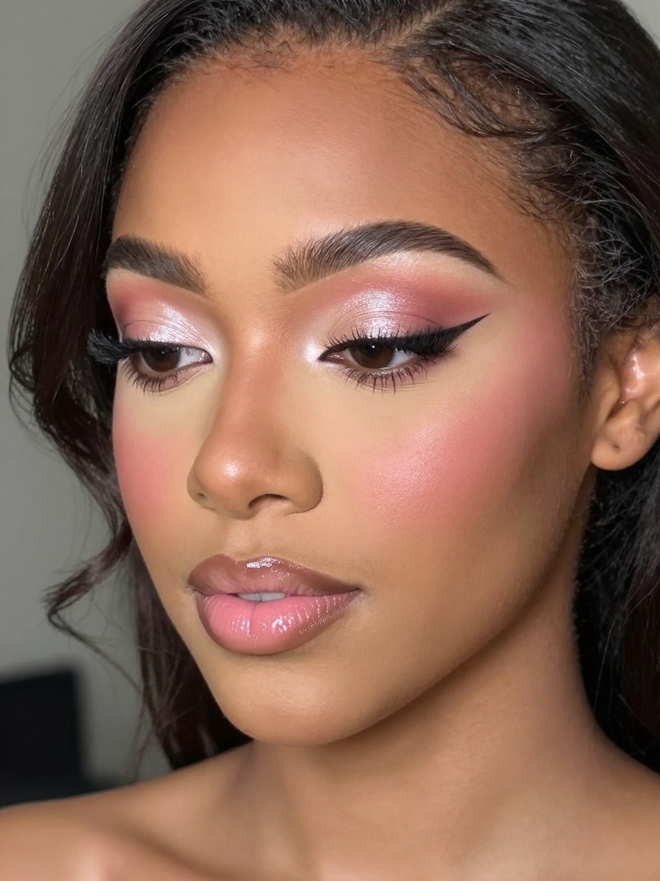 Super realistic close-up beauty portrait of a young black woman wearing classy soft glam prom makeup, featuring pink champagne shimmer lids, blush-beige crease shading, a soft lifted brown winged liner, curled lashes, fresh rose-pink blush, beige pink glossy lips, natural polished brows, realistic skin texture with a smooth satin glow, shot from a three-quarter close-up angle, with soft flash-friendly beauty lighting that clearly reveals the liner shape, shimmer texture, and lip gloss, sleek half-up romantic hairstyle, blurred blush-toned formal background, feminine modern beauty photography, latest iPhone photo quality.