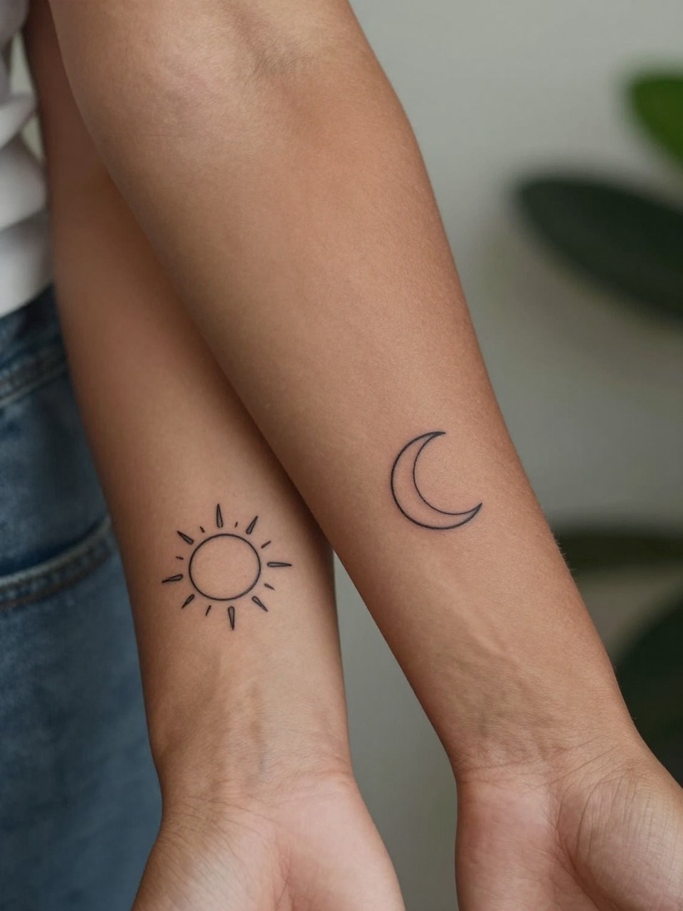  "design-focused close-up of matching sun and moon tattoos on dark skin, one tiny sun on one forearm and one crescent moon on the other, clean black ink, fine line minimalist style, realistic skin texture, soft blurred background, modern tattoo inspiration photo (no watermarks on images)"