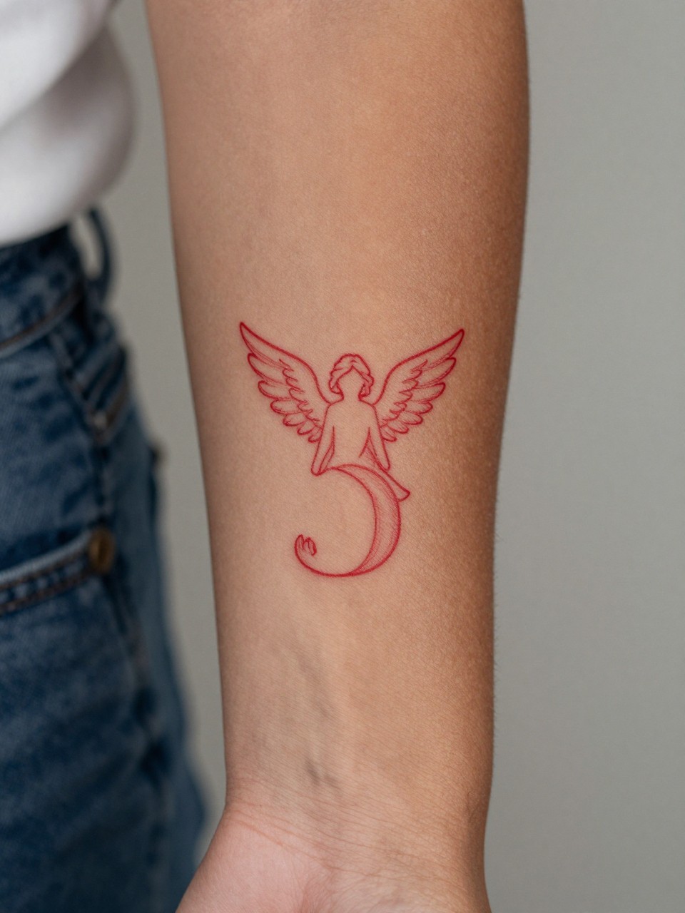  "design-focused close-up of a red angel number tattoo on rich brown skin at the forearm, clean red ink numbers, fine line minimalist style, realistic skin texture, neutral manicure, soft blurred background, modern feminine tattoo inspiration photo (no watermarks on images)"