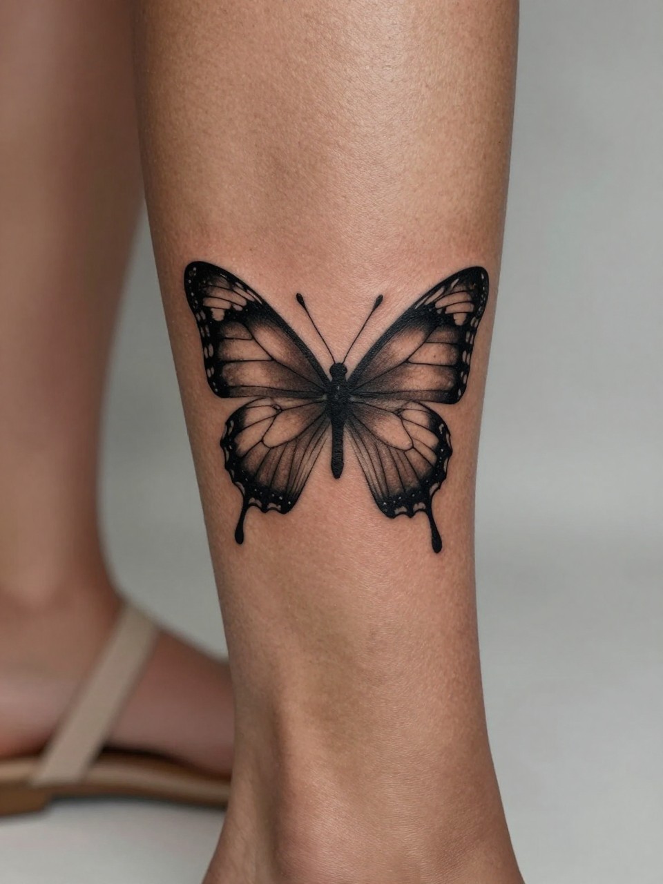 "design-focused close-up of a bold butterfly tattoo on dark skin at the calf, black ink with soft shading, detailed wings, clean linework, medium-size feminine design, realistic skin texture, soft sandal strap nearby, blurred neutral background, modern tattoo inspiration photo (no watermarks on images)"