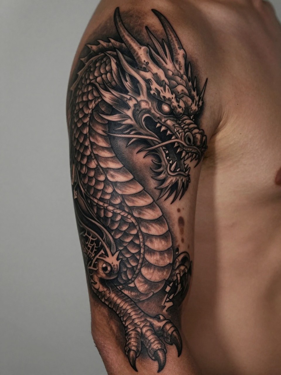 macro shot of a full dragon wrap sleeve tattoo on rich brown skin, detailed scales, flowing whiskers, curved claws, black and grey ink, strong shading, full arm composition, realistic skin texture, design-first tattoo composition, soft neutral background, masculine modern tattoo inspiration image (no watermarks on images)