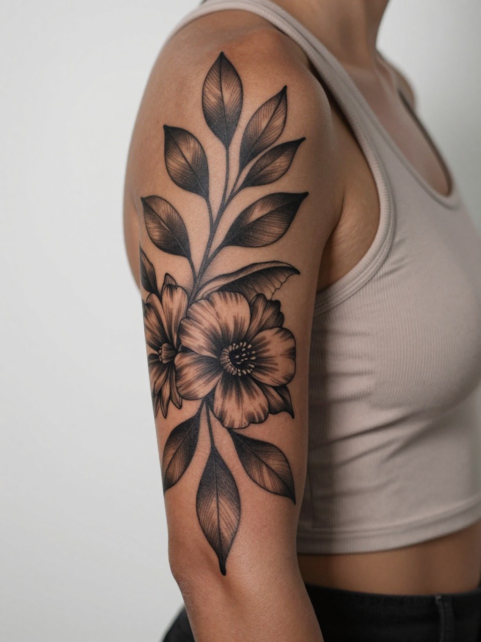 macro shot of a full blackwork botanical sleeve tattoo on rich brown skin, bold black leaves and flowers covering the arm, strong contrast, smooth shading, clean linework, realistic skin texture, sleeveless neutral top, tight crop, design-first tattoo image, soft minimal background, modern inspiration photography (no watermarks on images)