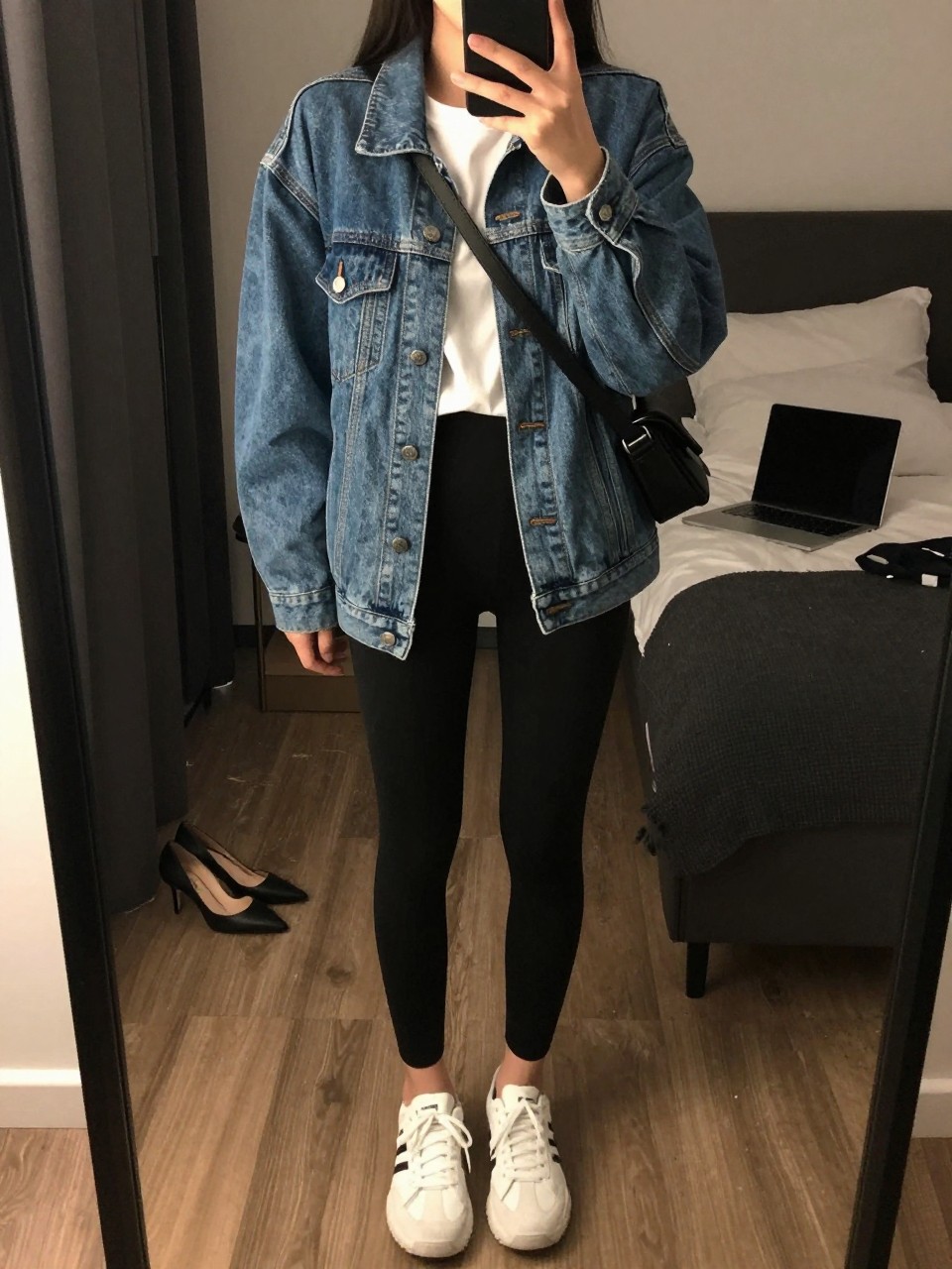 mirror selfie of a woman wearing the exact outfit described above, clearly showing a medium wash relaxed-shape denim jean jacket, longline white soft cotton tee, black high-waisted leggings, chunky white trainers, and a black belt bag worn crossbody, holding a phone in front of a mirror, cropped at NECK so the face does not show, with a relaxed casual selfie pose, in a stylish city apartment, warm moody lighting, including a laptop or tablet on the bed and a pair of heels on the floor nearby, latest iPhone photo quality.