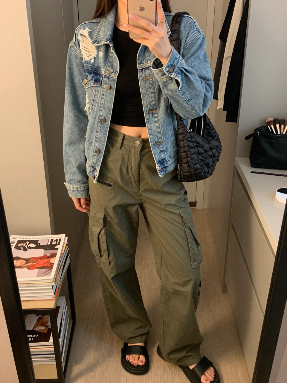mirror selfie of a woman wearing the exact outfit described above, clearly showing a light distressed denim jean jacket, fitted black cropped tank, olive green cargo pants with roomy pockets, black chunky sandals, and a small nylon shoulder bag, holding a phone in front of a mirror, cropped at NECK so the face does not show, with a relaxed casual selfie pose, in a walk-in closet mirror, evening golden hour, including stack of fashion magazines on a side table and a makeup brush or cosmetic bag on the counter, latest iPhone photo quality.