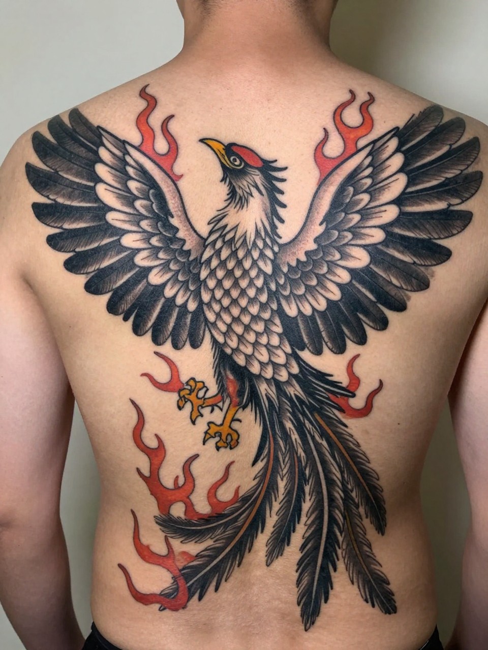 extreme close-up of a full back Japanese phoenix tattoo on a man, wide wings spread across the back, layered feathers, flame accents, black and grey ink, bold traditional linework, smooth shading, realistic skin texture, dramatic tattoo composition, soft neutral background (no watermarks on images)