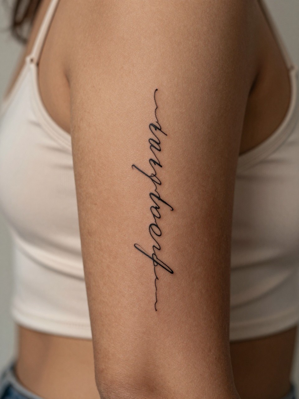 macro shot of a script word spine tattoo on rich brown skin, fine line cursive lettering placed vertically along the spine, clean black ink, minimalist elegant style, realistic skin texture, silk blouse slipping off the shoulder, tight crop, design-first composition, soft neutral background, tattoo inspiration image (no watermarks on images)