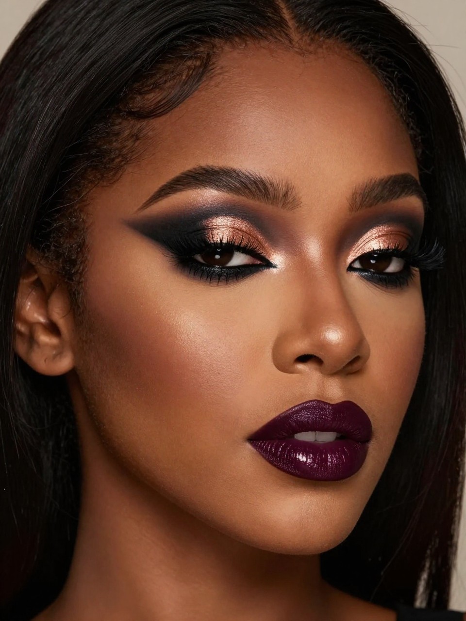 Super realistic close-up beauty portrait of a black woman wearing black and copper pirate eye makeup with dark smoky edges, black liner, warm bronzed skin, deep wine glossy lips, and soft dramatic lashes, shot from a three-quarter view, with diffused beauty studio lighting that clearly reveals the makeup texture and color, realistic skin texture, softly styled hair, minimal background, feminine modern beauty photography, latest iPhone photo quality.