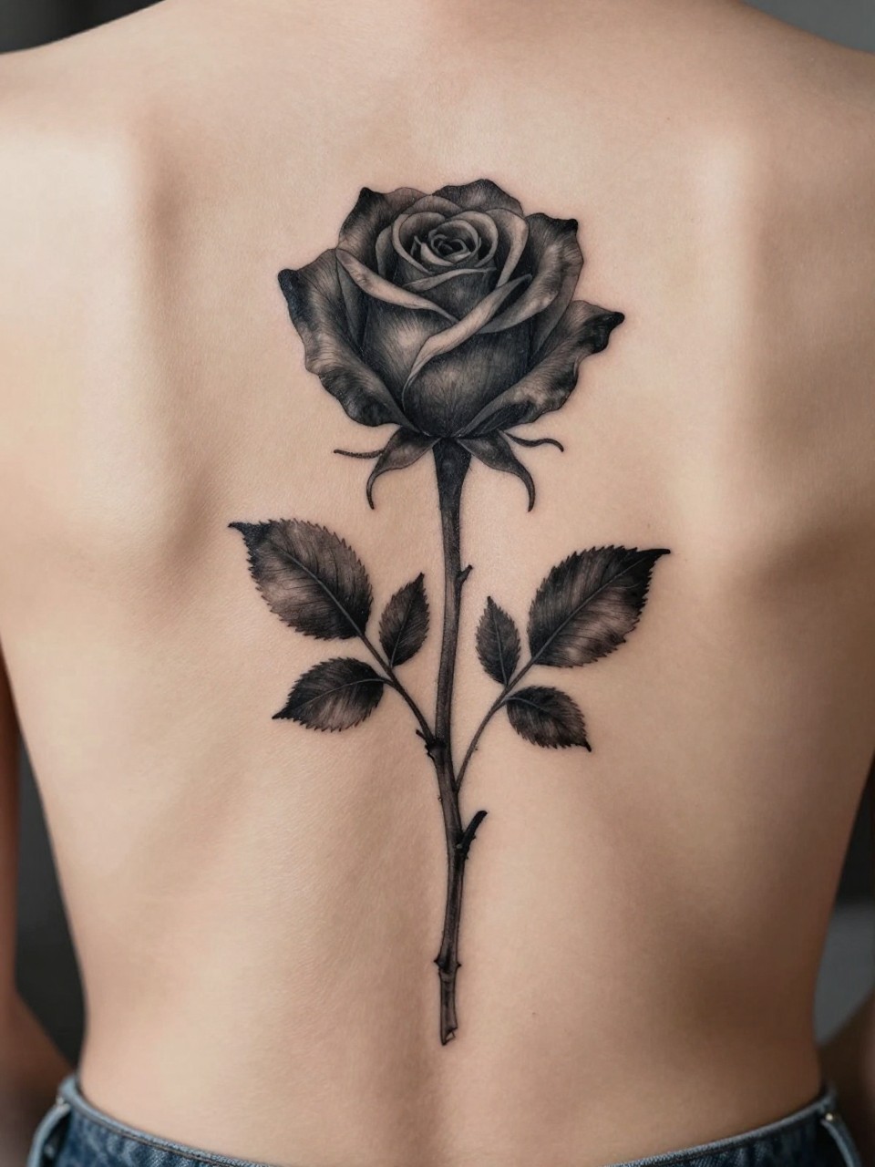 "macro shot of a black rose spine tattoo on skin, dark rose bloom with long stem running vertically down the back, rich black ink, soft grey shading, elegant feminine composition, realistic skin texture, open-back top visible, tight crop, design-first tattoo inspiration image (no watermarks on images)"