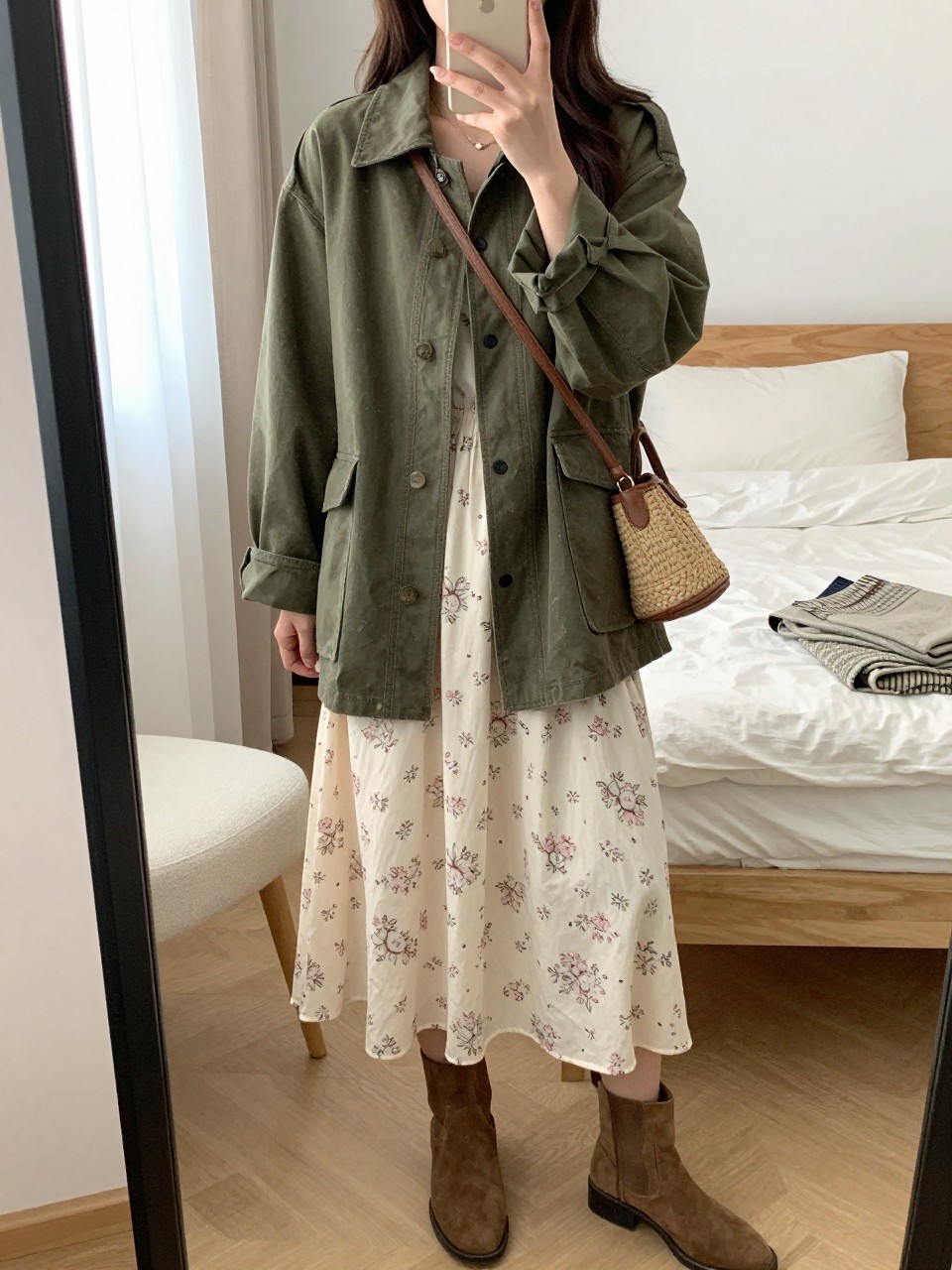 mirror selfie of a woman wearing the exact outfit described above, clearly showing an olive cotton barn jacket with a worn-in finish, cream floral midi dress with muted pink details, brown ankle boots, woven crossbody bag, and loose soft waves, holding a phone in front of a mirror, cropped at NECK so the face does not show, with a relaxed casual selfie pose, in a feminine-themed bedroom, natural window light, including soft pillows on an unmade bed and a folded blanket on a chair, latest iPhone photo quality.