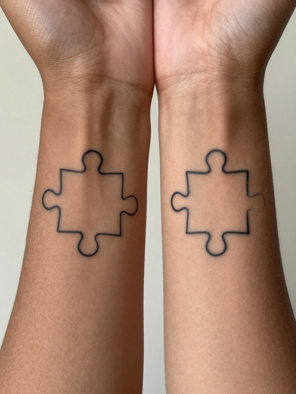 Image Prompt: "extreme close-up of matching puzzle piece tattoos on deep brown skin, one on each inner wrist, clean black ink, crisp fine line outline, minimalist symbolic design, realistic skin texture, soft neutral background, design-focused tattoo inspiration photography (no watermarks on images)"