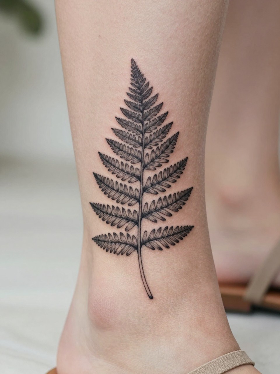 design-focused close-up of a fern leaf tattoo on women's ankle, black ink, fine line leaf detail, clean simple earthy boho hippie style, realistic skin texture, sandal strap visible, minimal blurred background, modern tattoo inspiration photo (no watermarks on images)