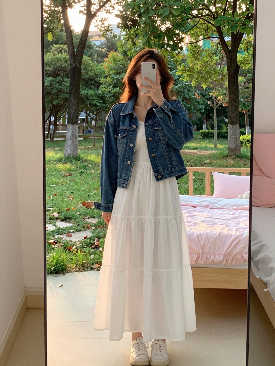 iPhone mirror selfie of a woman in a white maxi dress and denim jacket, walking through a park, cropped at the neck so face doesn't show, in a feminine-themed bedroom, evening golden hour lighting, iPhone photo quality.