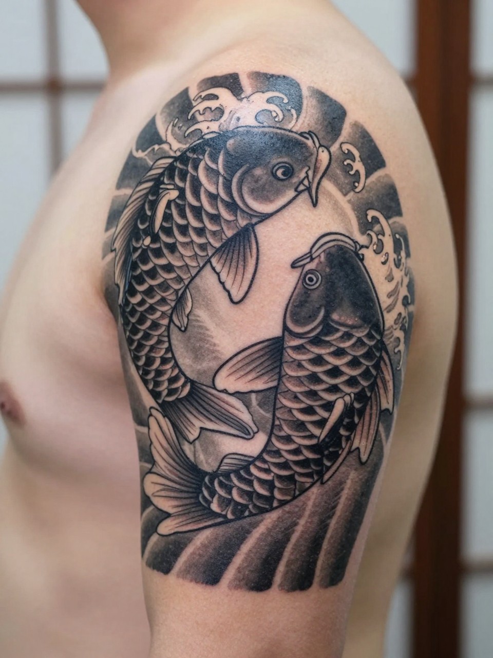 close-up of a traditional Japanese dual koi tattoo on the forearm or shoulder, two koi fish circling around each other, black and grey ink, detailed scales, wave accents, traditional linework, realistic skin texture, design-focused close-up, neutral blurred background, modern tattoo photography (no watermarks on images)