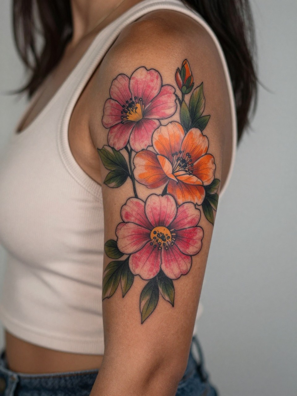 "design-focused close-up of a bright floral sleeve starter tattoo on deep brown skin at the upper arm, bold pink and orange flowers with green leaves, clean dark outline, soft shading, realistic skin texture, sleeveless blouse visible, tight crop, minimal blurred background, modern feminine tattoo inspiration photo (no watermarks on images)