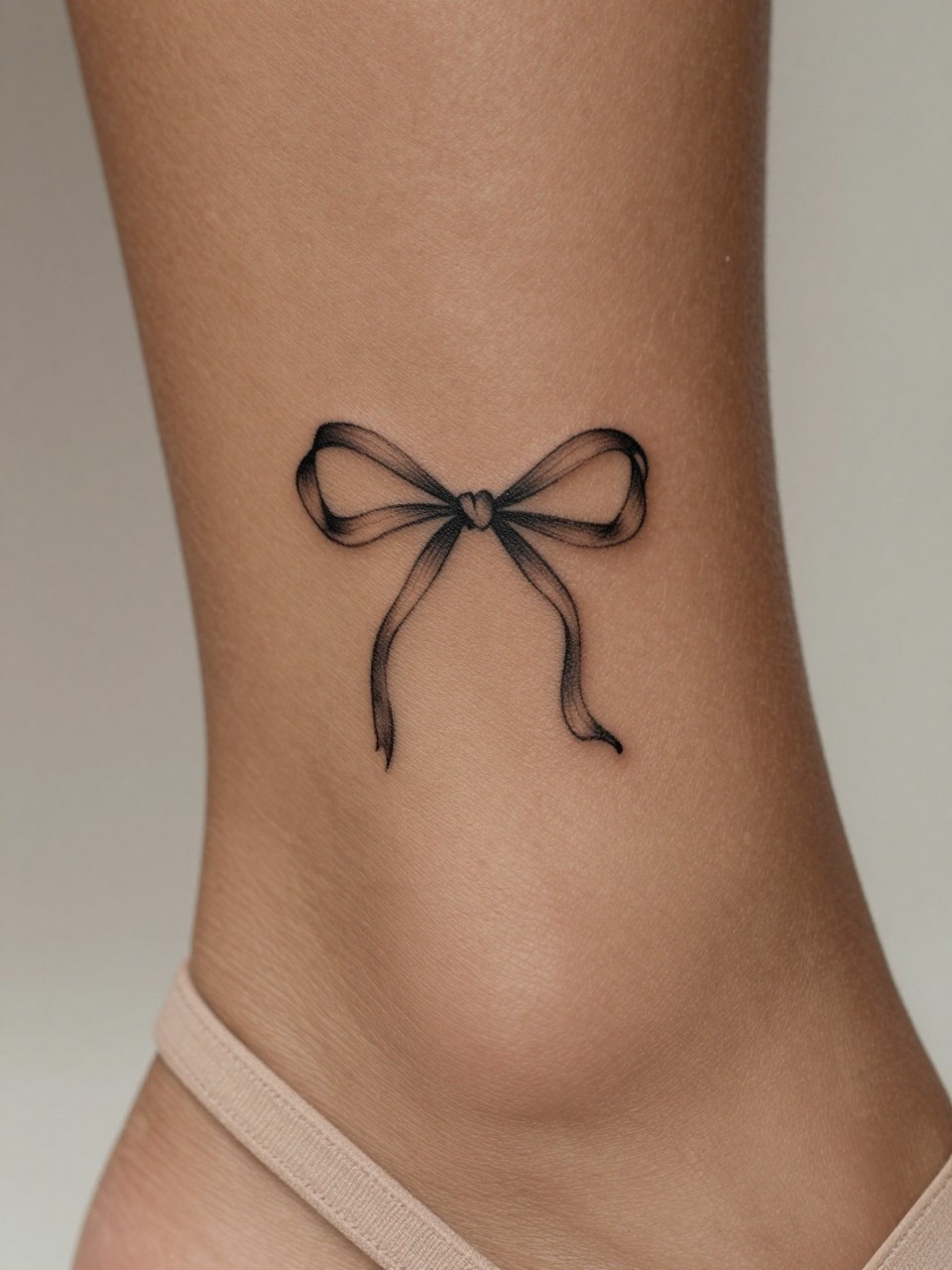 "macro shot of a tiny bow tattoo on rich brown skin at the back of the ankle, crisp black ink, minimalist ribbon shape, fine clean linework, realistic skin texture, soft shoe strap nearby, tight crop, design-first composition, minimal neutral background, feminine tattoo inspiration photo (no watermarks on images)"