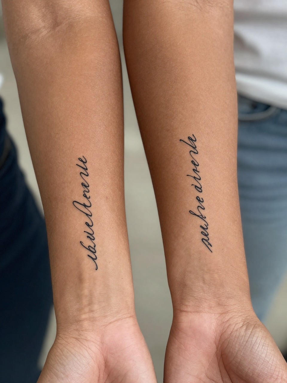  "design-focused close-up of matching script word tattoos on rich brown skin, one short cursive word on each forearm, clean black ink, fine line elegant lettering, realistic skin texture, soft blurred background, modern tattoo inspiration photo (no watermarks on images)"