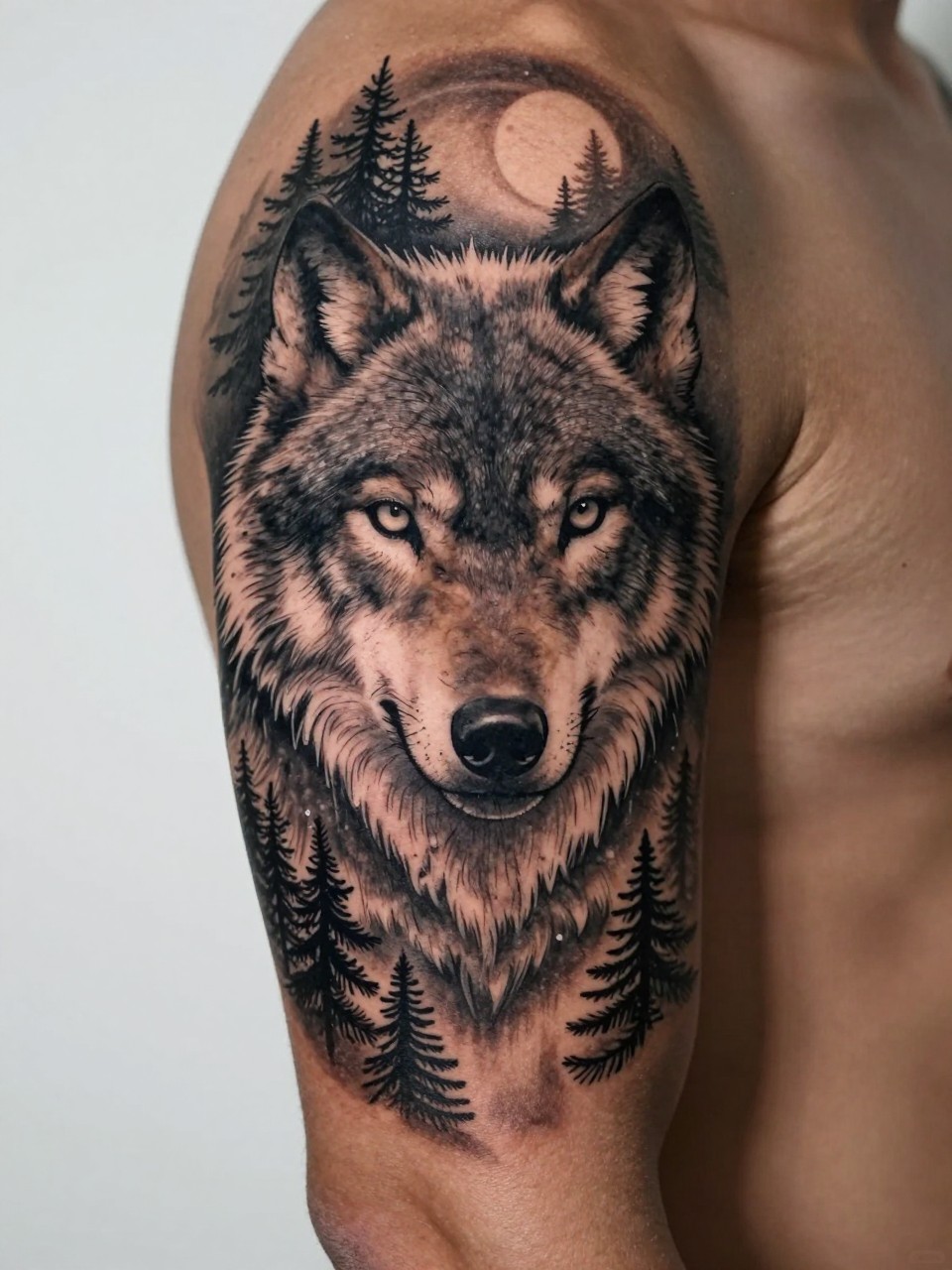 extreme close-up of a wolf and forest full sleeve tattoo on rich brown skin, detailed wolf face, pine tree silhouettes, moon accents, black and grey ink, smooth shading, realistic skin texture, design-focused composition, minimal soft background, masculine tattoo inspiration photography (no watermarks on images)