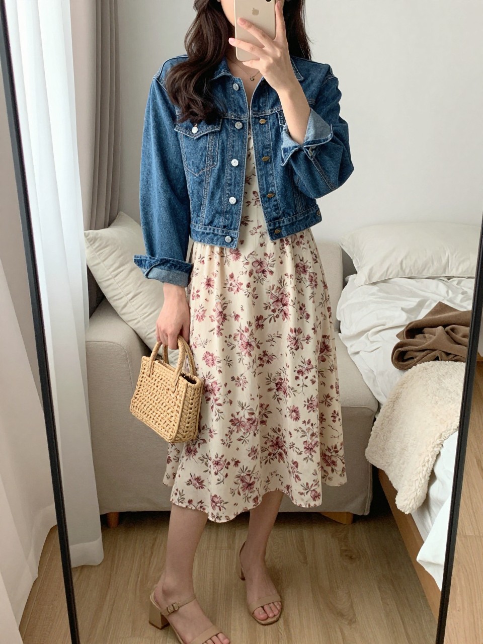 mirror selfie of a woman wearing the exact outfit described above, clearly showing a cropped mid-blue denim jean jacket, cream and dusty pink floral midi dress, nude block-heel sandals, woven mini bag, and loose soft waves, holding a phone in front of a mirror, cropped at NECK so the face does not show, with a relaxed casual selfie pose, in a cozy bedroom mirror setup, natural window light, including soft pillows on an unmade bed and a folded blanket on a chair, latest iPhone photo quality.